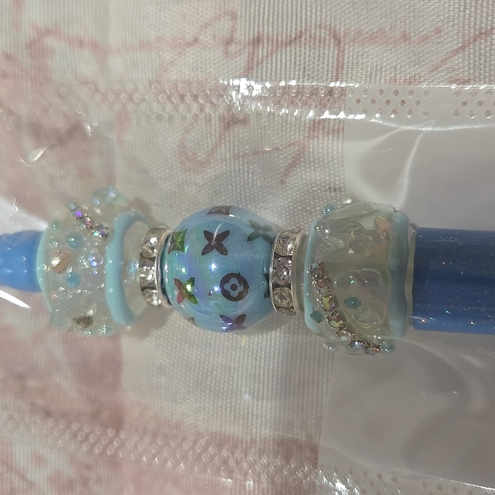 Blue Beaded (LV Logo Bead) Pen with Silver Accents